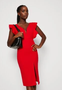 Wal G V Neck Ruffle Sleeve Midi Dress - Jerseyjurk - Red/Fushia -Beste Kleding Winkel 2e52c3746fb7449e96ed821a187d5595